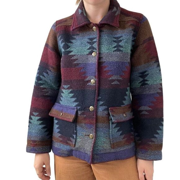 Vintage 90s Womens Wool Blend Aztec Southwestern Bohemian Fleece Jacket Sz L - Picture 1 of 9